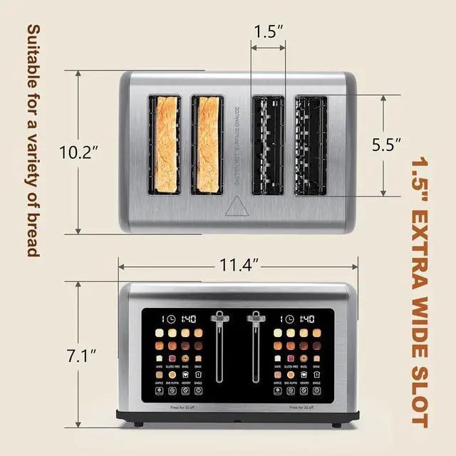 Alt view image 6 of 7 - 4 Slice Toaster Touch Screen, Stainless Steel Toasters Digital Timer, Dual Control Panel Toasters, 8 Shade Settings 6 Bread Types for Bagel, Cancel, Defrost 1650W