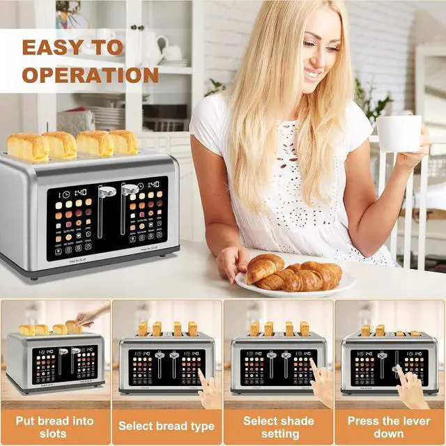 Alt view image 7 of 7 - 4 Slice Toaster Touch Screen, Stainless Steel Toasters Digital Timer, Dual Control Panel Toasters, 8 Shade Settings 6 Bread Types for Bagel, Cancel, Defrost 1650W