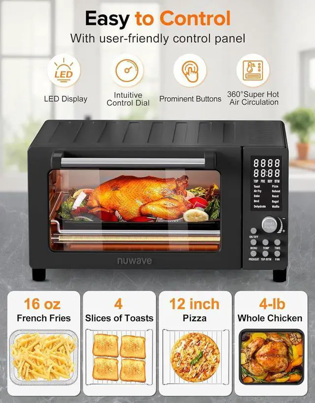 Alt view image 6 of 7 - Nuwave Bravo Pro Smart Air Fryer Toaster Oven Combo, Airfryer Convection Oven Countertop, 12-in-1 Functions with Quicker & Even Crisp Technology, 1800W, 50-450°F, PFAS-Free, 21QT, Black