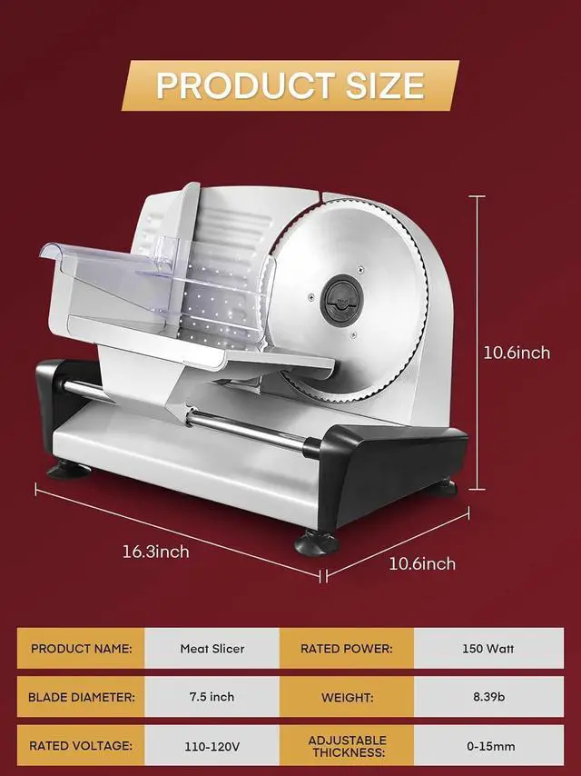 Alt view image 6 of 7 - 200W Meat Slicer for Home Use, Electric Food Slicer with Two 7.5" Sharp Stainless Steel Blade(Serrated + Smooth) & 0-15mm Precise Thickness Cut Deli Food, Meat, Bread, Fruit, Vetable, Silver