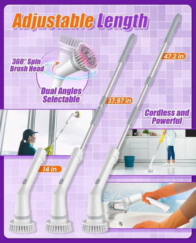 Alt view image 5 of 7 - Electric Spin Scrubber, Cordless Shower Scrubber Rotary Floor Brushes & Pad Drivers with 6 Brush Heads - 2H Dual Speed, IPX7 Waterproof Extension Handle for Bathroom Tile Car Cleaning