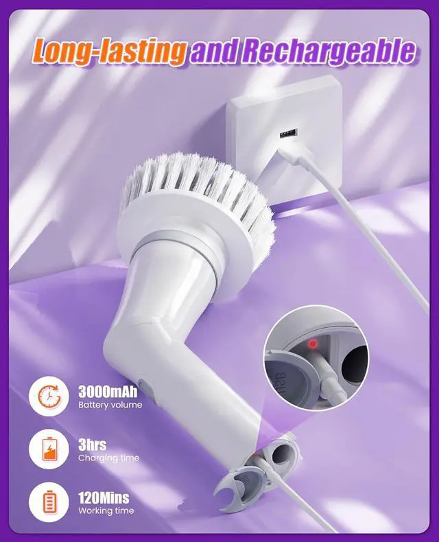 Alt view image 6 of 7 - Electric Spin Scrubber, Cordless Shower Scrubber Rotary Floor Brushes & Pad Drivers with 6 Brush Heads - 2H Dual Speed, IPX7 Waterproof Extension Handle for Bathroom Tile Car Cleaning