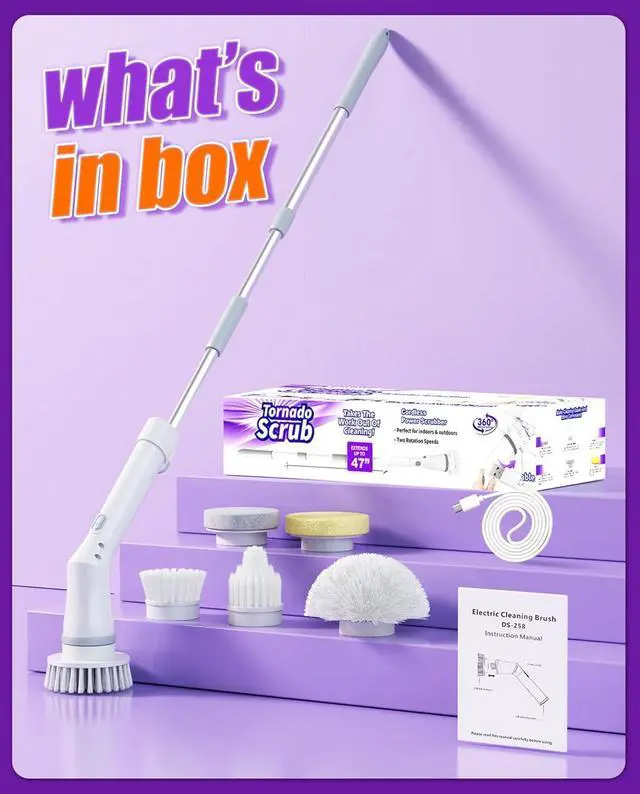 Alt view image 7 of 7 - Electric Spin Scrubber, Cordless Shower Scrubber Rotary Floor Brushes & Pad Drivers with 6 Brush Heads - 2H Dual Speed, IPX7 Waterproof Extension Handle for Bathroom Tile Car Cleaning