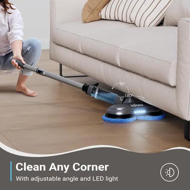 Alt view image 3 of 7 - Electric Mop, Floor Scrubber Electric Spin with LED Headlight, Recharable Dust Cordless Dual-Motor, Spray Mop for Hardwood Floor, Clean up to 2350 ft², 46dB Quiet, Gray-4 Pads