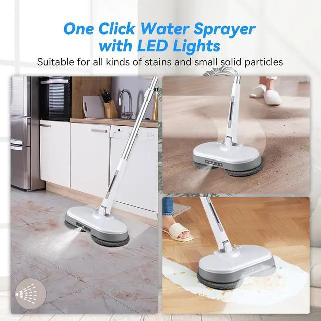 Alt view image 7 of 7 - Cordless Electric Mop, Dual Motor Powerful Spin Mop 2000 mAh, Floor Polisher,1H Recharable Power Mops with LED Light/Water Sprayer, Electric Mops for Floor Cleaning for Hardwood, Tile, Rotate 180°