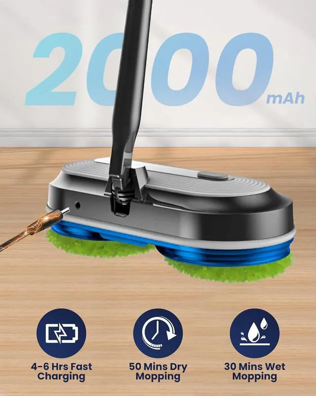 Alt view image 4 of 7 - Cordless Electric Mop, Electric Spin Floor Mop with LED Headlights & Water Sprayer, Long-Lasting Battery, Lar 290ml Tank, Self-Propelled Floor Cleaner with Adjustable Tube for All Floors