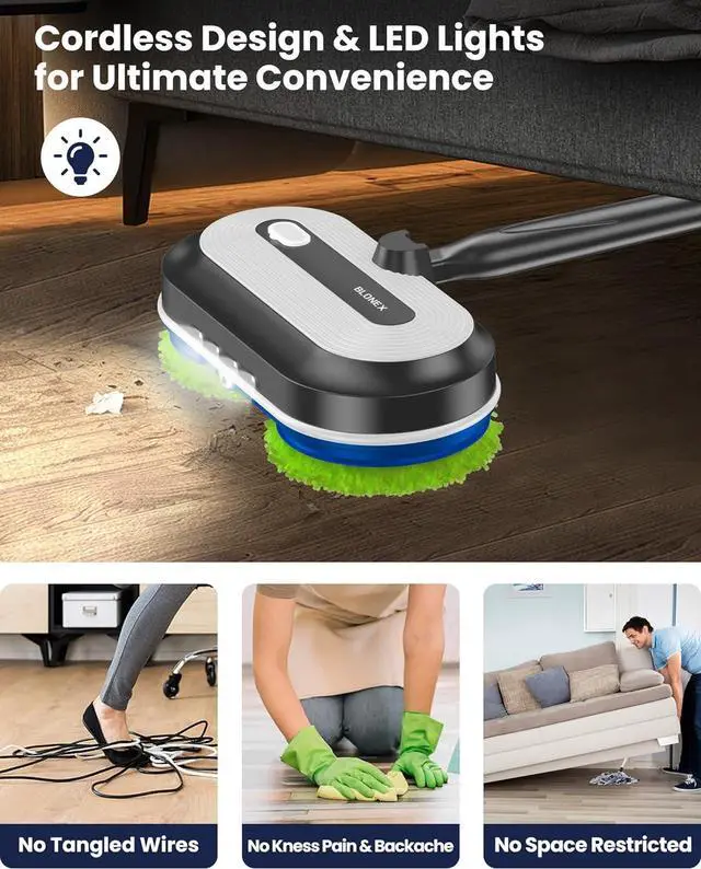 Alt view image 5 of 7 - Cordless Electric Mop, Electric Spin Floor Mop with LED Headlights & Water Sprayer, Long-Lasting Battery, Lar 290ml Tank, Self-Propelled Floor Cleaner with Adjustable Tube for All Floors