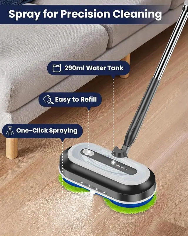 Alt view image 6 of 7 - Cordless Electric Mop, Electric Spin Floor Mop with LED Headlights & Water Sprayer, Long-Lasting Battery, Lar 290ml Tank, Self-Propelled Floor Cleaner with Adjustable Tube for All Floors