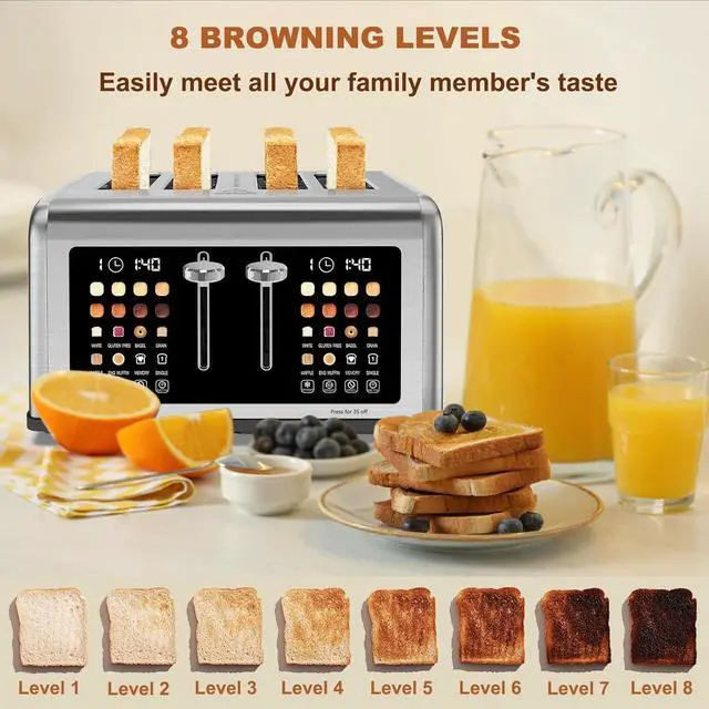 Alt view image 4 of 7 - 4 Slice Toaster Touch Screen, Stainless Steel Toasters Digital Timer, Dual Control Panel Toasters, 8 Shade Settings 6 Bread Types for Bagel, Cancel, Defrost 1650W