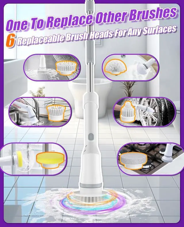 Alt view image 4 of 7 - Electric Spin Scrubber, Cordless Shower Scrubber Rotary Floor Brushes & Pad Drivers with 6 Brush Heads - 2H Dual Speed, IPX7 Waterproof Extension Handle for Bathroom Tile Car Cleaning