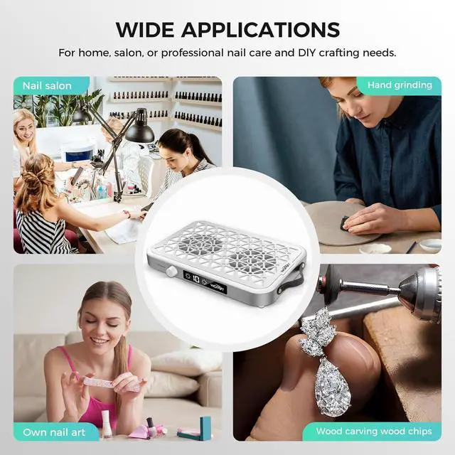 Alt view image 7 of 7 - Professional Nail Dust Collector, 1600PA Portable, 10 Speeds, Disposable lter Papers (30 Pcs), Matte White, Modern, Lightweight, Nail Vacuum for Home & Salon-White