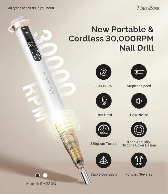 Alt view image 2 of 7 - Portable Electric Nail Drill 30,000RPM, SM220G Cordless Recharable Electric Nail le, Professional Ele Manicure Pedicure Polishing Tool with Bits Sanding Bands Kit, White