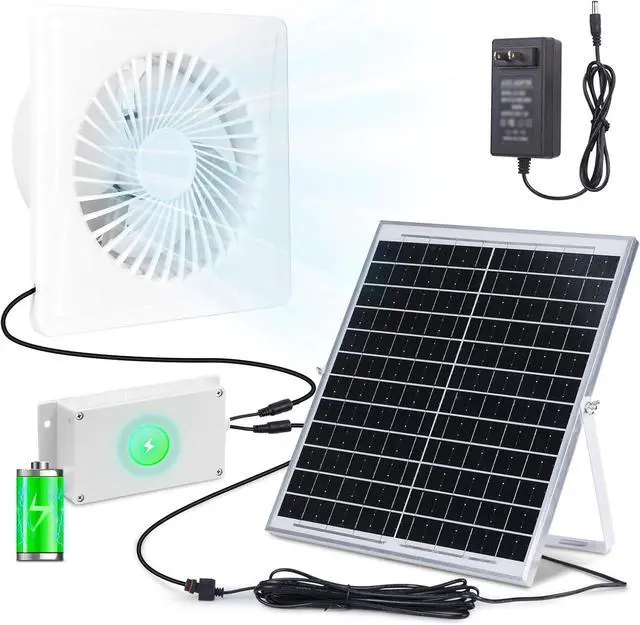 Main image of Solar Fan Pro with Battery Run Day/Night, 9.5" Exhaust Fan and 20W Solar Panel for Greenhouse Air Cooling Circulation with 16Ft On/Off Cable, Intake for Shed, Chicken Coop