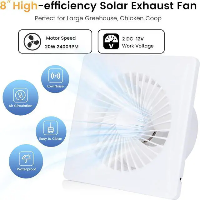 Alt view image 5 of 6 - Solar Fan Pro with Battery Run Day/Night, 9.5" Exhaust Fan and 20W Solar Panel for Greenhouse Air Cooling Circulation with 16Ft On/Off Cable, Intake for Shed, Chicken Coop