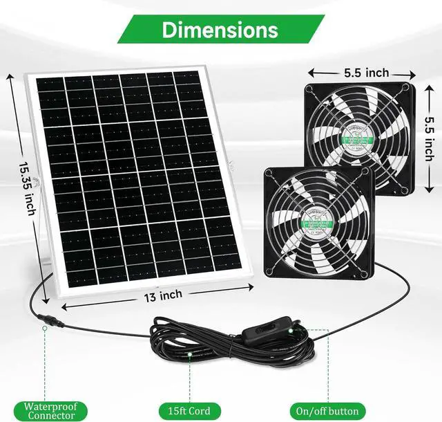 Alt view image 4 of 6 - 5.5 Inch Solar Powered Fan Kit, 25W Solar Panel with 2 Waterproof Fans for Outside Chicken Coops, Greenhouses, Sheds, Intake or Exhaust Air Fan with 15 FT On/Off Switch Cord