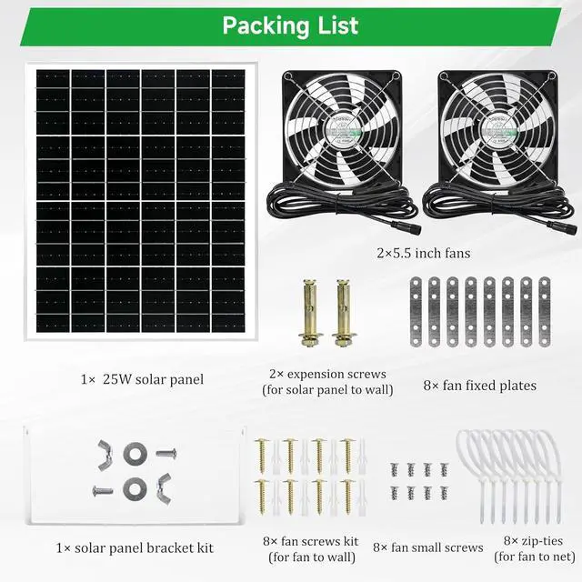 Alt view image 6 of 6 - 5.5 Inch Solar Powered Fan Kit, 25W Solar Panel with 2 Waterproof Fans for Outside Chicken Coops, Greenhouses, Sheds, Intake or Exhaust Air Fan with 15 FT On/Off Switch Cord