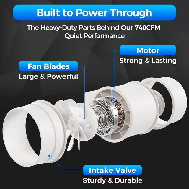 Alt view image 4 of 7 - 8 Inch Duct Fan, Inline Ventilation Exhaust Fan with Remote Control, 740 CFM Duct Intake High Efciency Air Fan for Vent Bathroom, Kitchen, Grow Tent, Hydroponics, 3D Printer