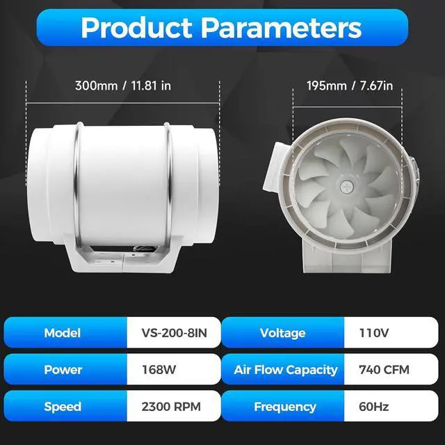 Alt view image 6 of 7 - 8 Inch Duct Fan, Inline Ventilation Exhaust Fan with Remote Control, 740 CFM Duct Intake High Efciency Air Fan for Vent Bathroom, Kitchen, Grow Tent, Hydroponics, 3D Printer