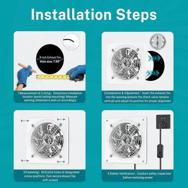 Alt view image 7 of 7 - 8 Inch Exhaust Fan, Kitchen Exhaust Fan With Switch 576CFM Wall Mounted, Extractor Ventilation Fan For Attic, Greenhouse, Basement, Shed, White