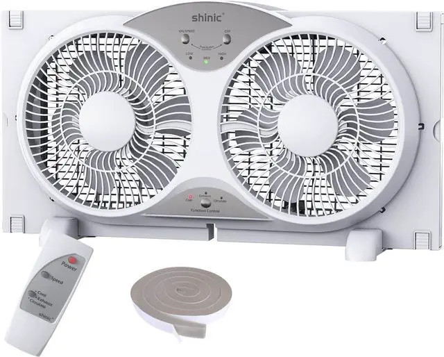 Main image of Window Fan with Reversible Airflow Quiet, Twin 9" Blades, Full Remote Control, 3 Functions-3 Speeds, Bathroom Kitchen Window Exhaust Fan, Width Adjustable (From 23.5" to 37") ETL Certied