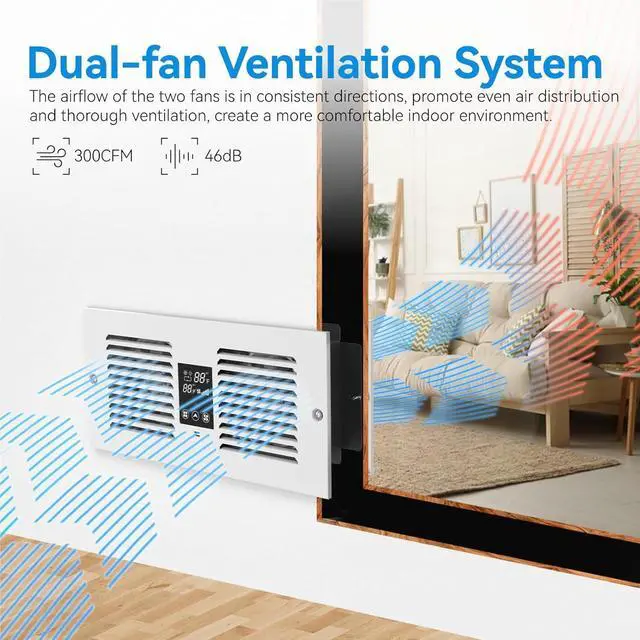 Alt view image 2 of 6 - Room to Room Fan with Remote Control, 300CFM Through Wall Vent Fan, 5-Speed Ventilation, with Temperature Control, for Kitchen, Laundry, Hardwired, RTR300
