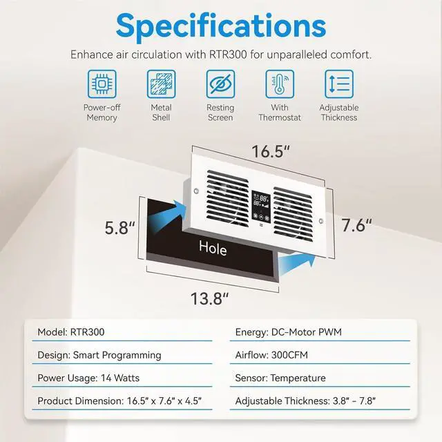 Alt view image 4 of 6 - Room to Room Fan with Remote Control, 300CFM Through Wall Vent Fan, 5-Speed Ventilation, with Temperature Control, for Kitchen, Laundry, Hardwired, RTR300