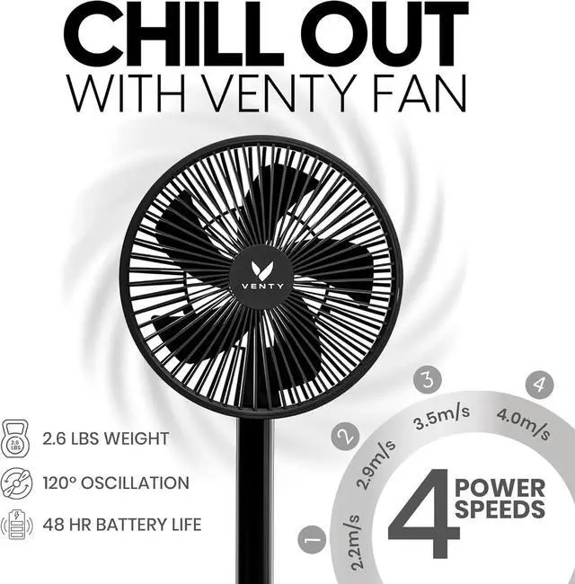 Alt view image 2 of 7 - Portable Fan - Wireless Battery Operated Fan - 4 Speeds - LED Lighting - Carry Case & Remote Control - Cruise Travel - Outdoor Travel RV Power Bank With USB-C Port (Black with Case)