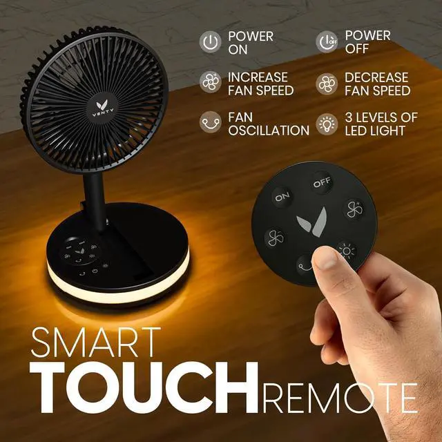 Alt view image 4 of 7 - Portable Fan - Wireless Battery Operated Fan - 4 Speeds - LED Lighting - Carry Case & Remote Control - Cruise Travel - Outdoor Travel RV Power Bank With USB-C Port (Black with Case)