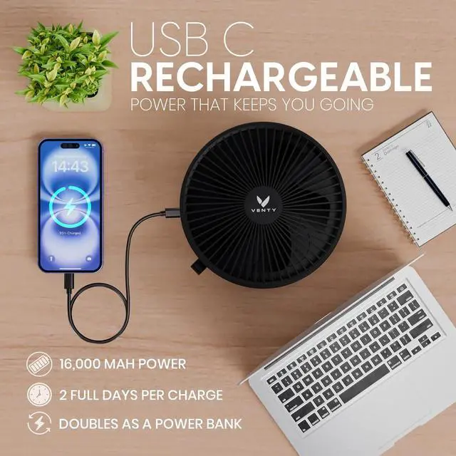 Alt view image 7 of 7 - Portable Fan - Wireless Battery Operated Fan - 4 Speeds - LED Lighting - Carry Case & Remote Control - Cruise Travel - Outdoor Travel RV Power Bank With USB-C Port (Black with Case)