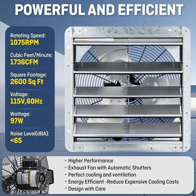Alt view image 2 of 7 - 18" Wall Mounted Shutter Exhaust Fan, Automatic Shutter, with Thermostat and Variable Speed controller, 0.85A, 1736 CFM, 2600 SQF Covera Area Silver (ILG8SF18V-ST)