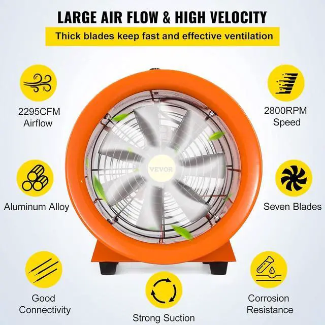 Alt view image 4 of 7 - Utility Blower Fan, 12 Inches, 520W 2295 CFM High Velocity Ventilator w/ 32.8 ft/10 m Duct Hose, Portable Ventilation Fan, Fume Extractor for Exhausting & Ventilating at Home and Job Site