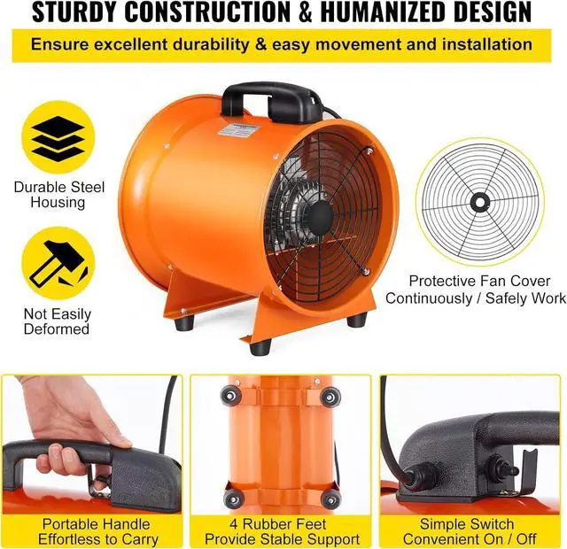 Alt view image 6 of 7 - Utility Blower Fan, 12 Inches, 520W 2295 CFM High Velocity Ventilator w/ 32.8 ft/10 m Duct Hose, Portable Ventilation Fan, Fume Extractor for Exhausting & Ventilating at Home and Job Site