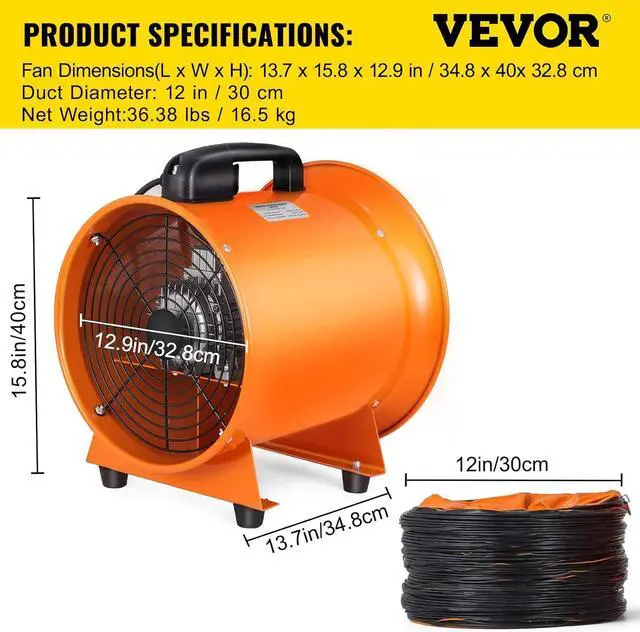 Alt view image 7 of 7 - Utility Blower Fan, 12 Inches, 520W 2295 CFM High Velocity Ventilator w/ 32.8 ft/10 m Duct Hose, Portable Ventilation Fan, Fume Extractor for Exhausting & Ventilating at Home and Job Site