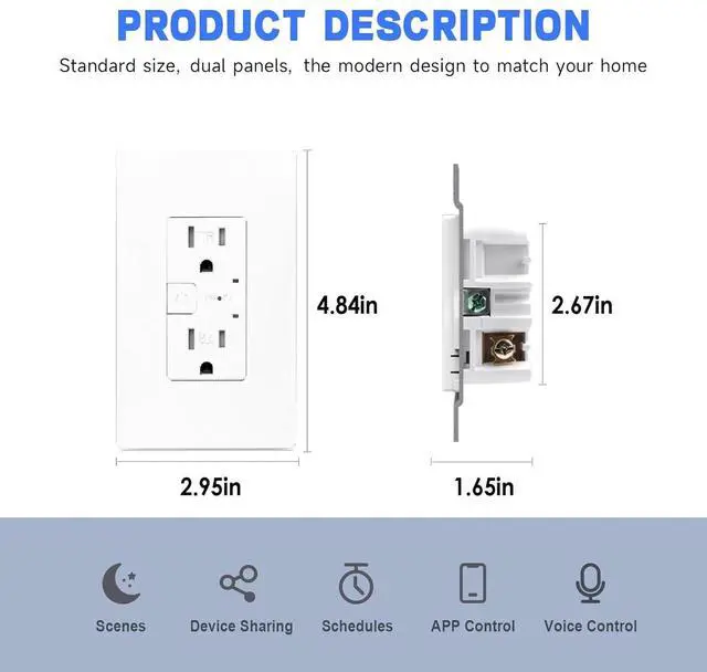 Alt view image 7 of 7 - Smart Wall Outlet, Smart Tamper Resistant Outlet Compatible with Alexa and Google Assistant, Remote Control, ETL & FCC Approvel Samrt Receptacle, Requires 2.4 GHz Wi-Fi, No Hub Required, 2Pack