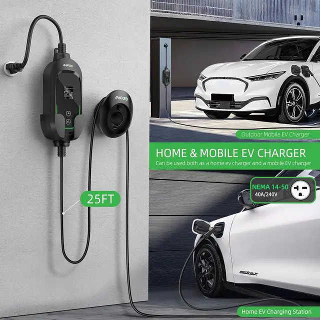 Alt view image 6 of 7 - Ll 2 EV Charger, 40 Amp, Portable Charger for Home, J1772, 25ft Cable, 240V, Charging Stations with LED Display and Breath  Indicator, NEMA14-50 Plug by DT