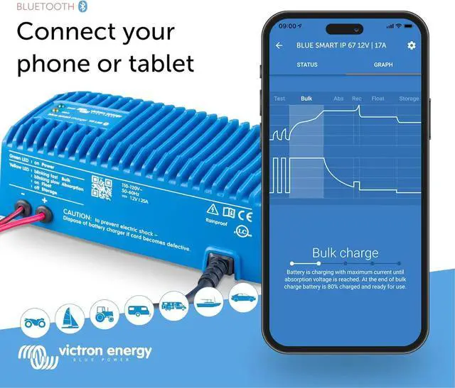 Alt view image 2 of 6 - Blue Smart IP67 Marine Battery Charger 12V 25A, Float & Trickle and Desulfator for Boat, ATV, RV, Lithium Deep Cycle Batteries by DT
