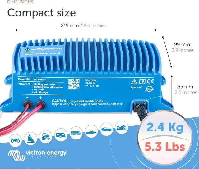 Alt view image 5 of 6 - Blue Smart IP67 Marine Battery Charger 12V 25A, Float & Trickle and Desulfator for Boat, ATV, RV, Lithium Deep Cycle Batteries by DT