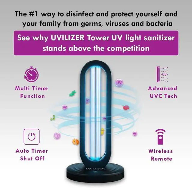 Alt view image 3 of 7 - Tower - UV Light Sanitizer & Ultraviolet Lamp with Remote Control (UV-C Cleaner for Home, Room, Office | 38W UVC Disinfection Bulb Kill Germs, Bacteria, Virus, Dust USA) by DT