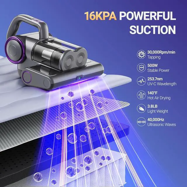 Alt view image 2 of 7 - Mattress Vacuum Cleaner, 16Kpa Bed Cleaner with 253.7nm UV-C Light, 140°F Heat, HEPA Filter & Ultrasonic, Versatile Handheld Vacuums for Bed, Sofa, Couch, Crib(Corded, 500W) by DT