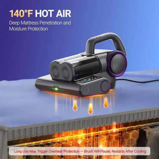 Alt view image 4 of 7 - Mattress Vacuum Cleaner, 16Kpa Bed Cleaner with 253.7nm UV-C Light, 140°F Heat, HEPA Filter & Ultrasonic, Versatile Handheld Vacuums for Bed, Sofa, Couch, Crib(Corded, 500W) by DT