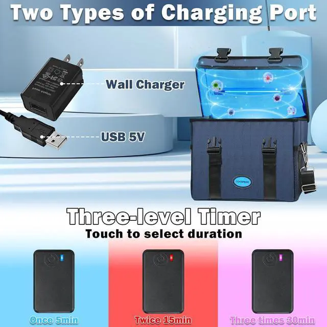 Alt view image 3 of 7 - UVC Sanitizer Box Ozone Free with Timer, Portable Large Cleaner Bag USB Port, UV Light Blue Tote for Mask, Cell Phone, Baby Bottle, Key, Towel 12L/3.17 gal by DT