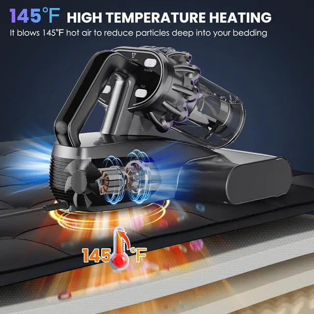 Alt view image 4 of 7 - Mattress Vacuum Cleaner, 16Kpa Bed Cleaner with 253.7nm UV-C Light, 145°F Heat, HEPA Filter & Ultrasonic, Versatile Handheld Vacuums for Bed, Sofa, Couch, Crib(Corded, 600W) by DT