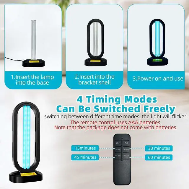 Alt view image 4 of 7 - UV Light Sanitizer,4-Speed Timing and Remote Control UVC Home Disinfection Device,Portable Ultraviolet Sanitizer for Dust Mites,UV Lamp Whole Room,Black by DT