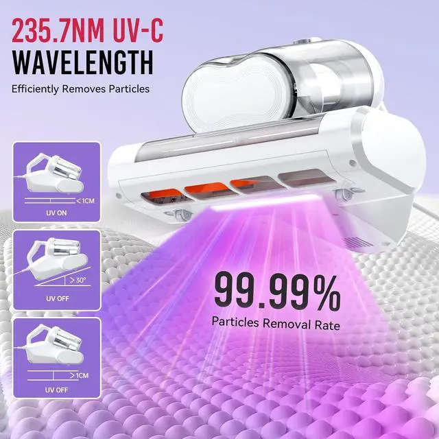 Alt view image 3 of 7 - Mattress Vacuum Cleaner, 16Kpa Bed Cleaner with 253.7nm UV-C Light & HEPA Filter 40000 RPM/Min Brushroll Rotation Heating Tech, Widened Suction Port(Corded, 600W) by DT