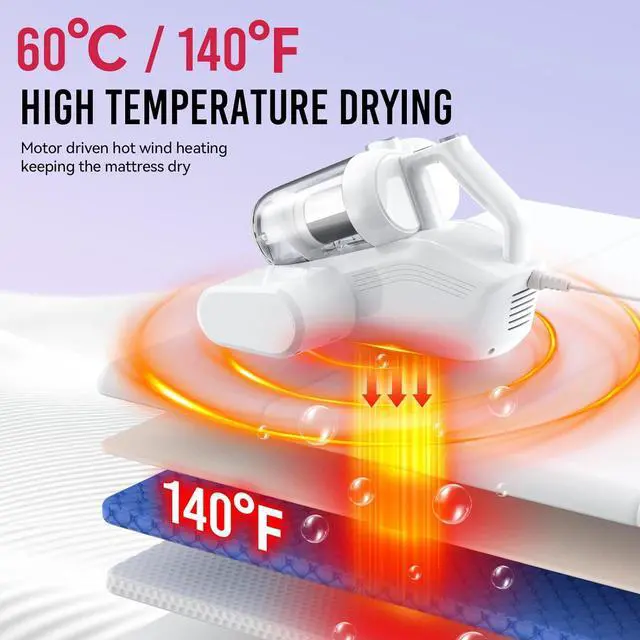 Alt view image 5 of 7 - Mattress Vacuum Cleaner, 16Kpa Bed Cleaner with 253.7nm UV-C Light & HEPA Filter 40000 RPM/Min Brushroll Rotation Heating Tech, Widened Suction Port(Corded, 600W) by DT