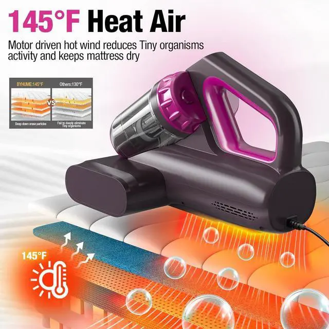 Alt view image 4 of 7 - Mattress Vacuum Cleaner, 17Kpa Bed 273nm UV-C Light & Ultrasonic 145°F Heating, 80000 RPM/Min Brushroll Rotation, Wide Suction Port for Pillows Cribs Sofa, Black Corded by DT