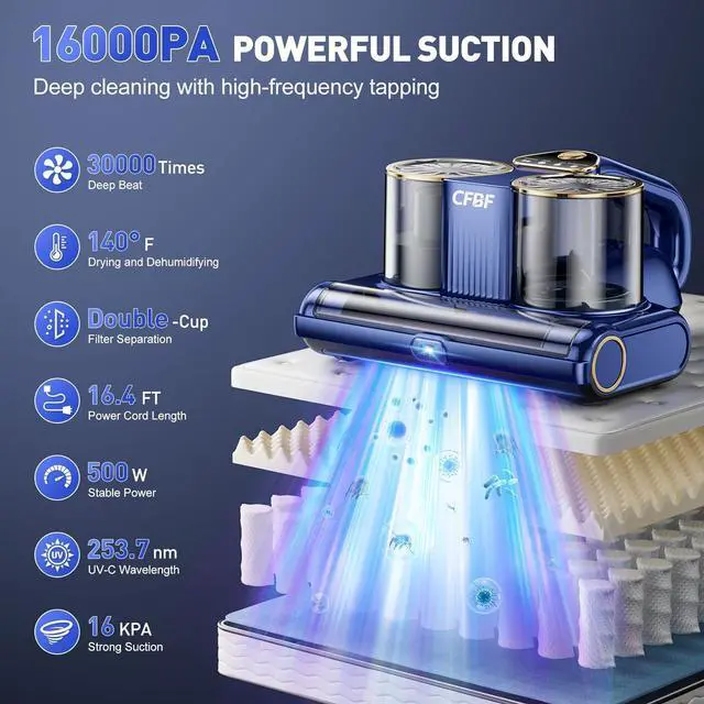Alt view image 2 of 7 - Mattress Vacuum Cleaner, Bed Cleaner with 16Kpa Suction 253.7nm UV-C Light, Ultrasonic & High Heating, 500W Powerful Double-Cup Handheld Vacuums for Bed, Sofa, Couch, Crib, 16.4FT Corded by DT