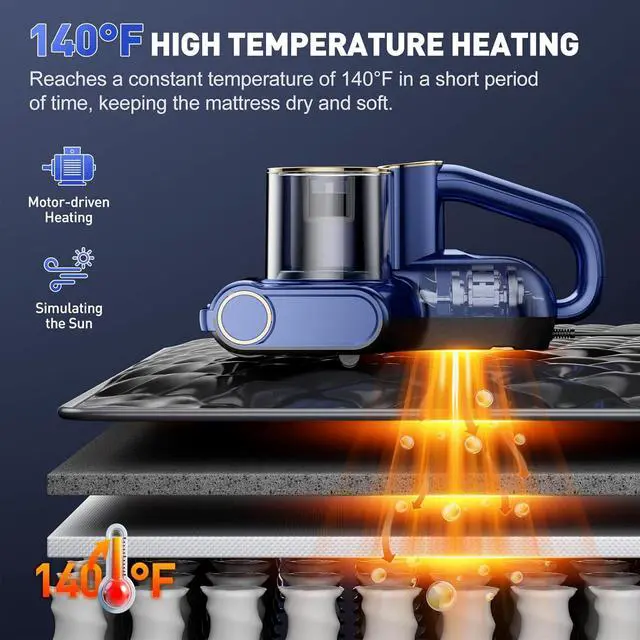 Alt view image 4 of 7 - Mattress Vacuum Cleaner, Bed Cleaner with 16Kpa Suction 253.7nm UV-C Light, Ultrasonic & High Heating, 500W Powerful Double-Cup Handheld Vacuums for Bed, Sofa, Couch, Crib, 16.4FT Corded by DT
