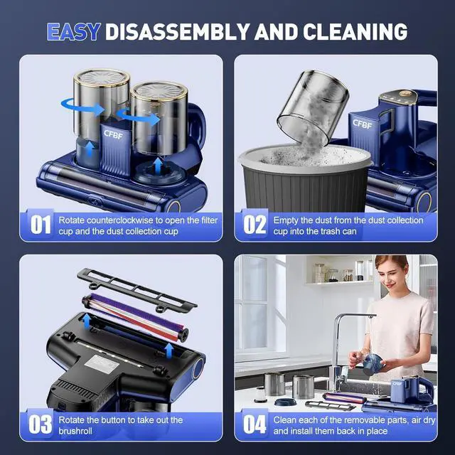 Alt view image 6 of 7 - Mattress Vacuum Cleaner, Bed Cleaner with 16Kpa Suction 253.7nm UV-C Light, Ultrasonic & High Heating, 500W Powerful Double-Cup Handheld Vacuums for Bed, Sofa, Couch, Crib, 16.4FT Corded by DT