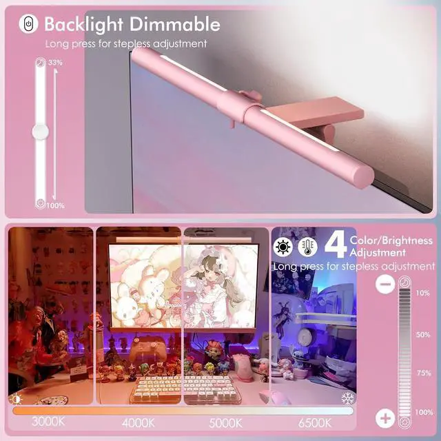 Alt view image 6 of 7 - Pink Monitor Light Bar with Remote, Eye-Care No Glare, Space Saving Computer Desk Lamp As Gifts for Girls, Stepless Dimming, Modern Aesthetic Home Office Gaming Reading by DT